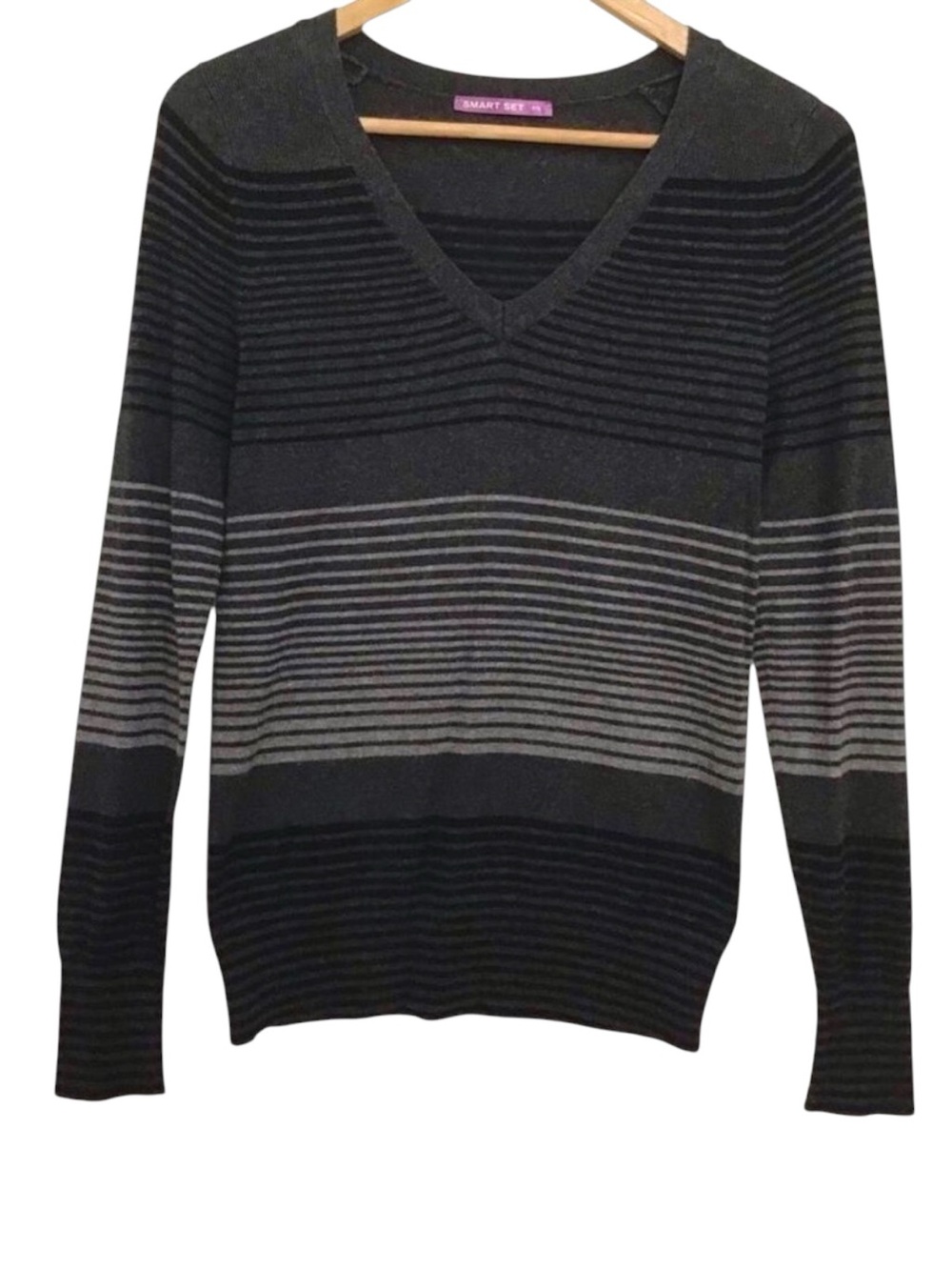 Y2k V-neck soft knit sweater small striped grey tones smart Set small